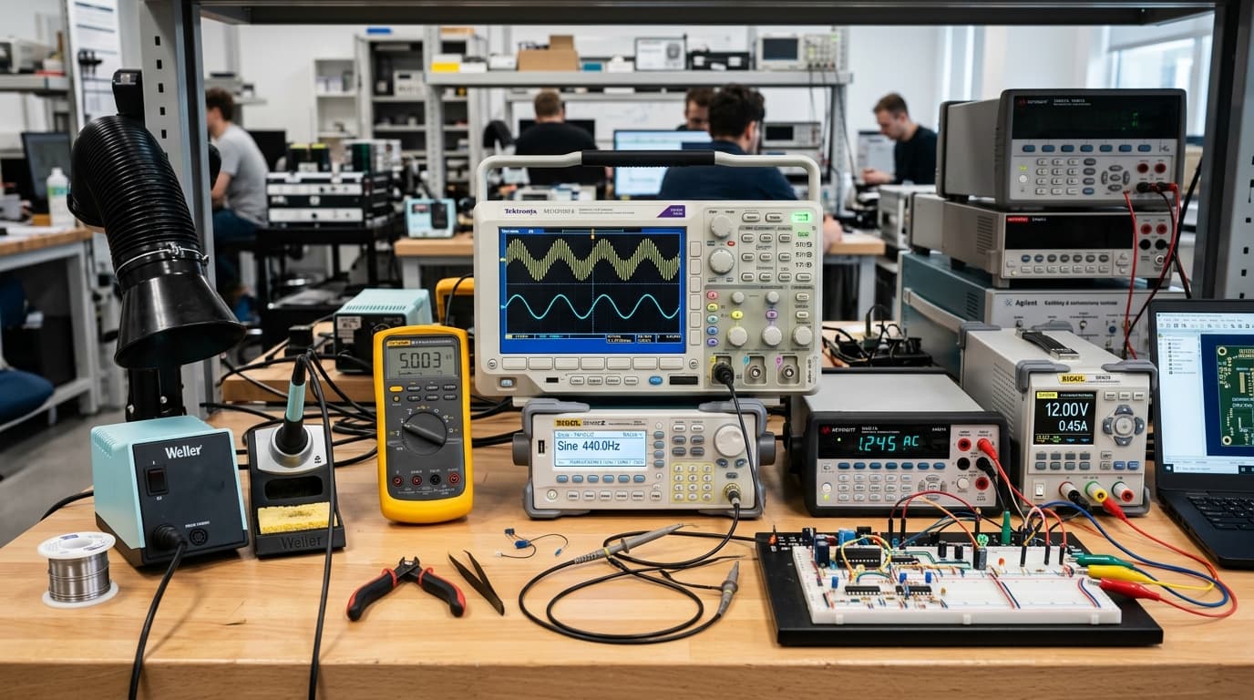 Electronics lab workbench with oscilloscope, soldering station and breadboard